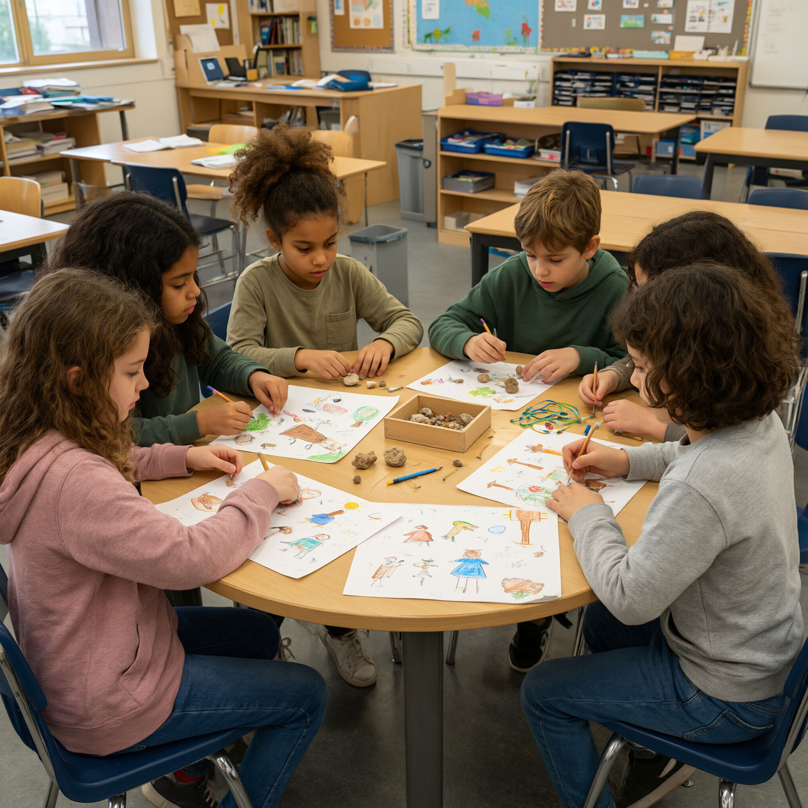 Alunos colaborando em grupo ao redor de uma mesa redonda durante atividade escolar integrada.