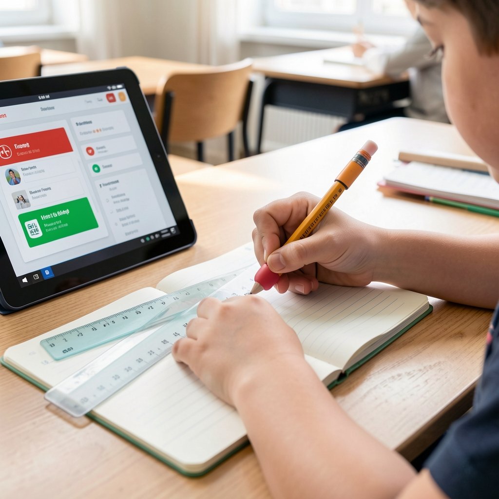 Mãos de estudante utilizando materiais escolares adaptados e tablet com interface acessível sobre a mesa escolar
