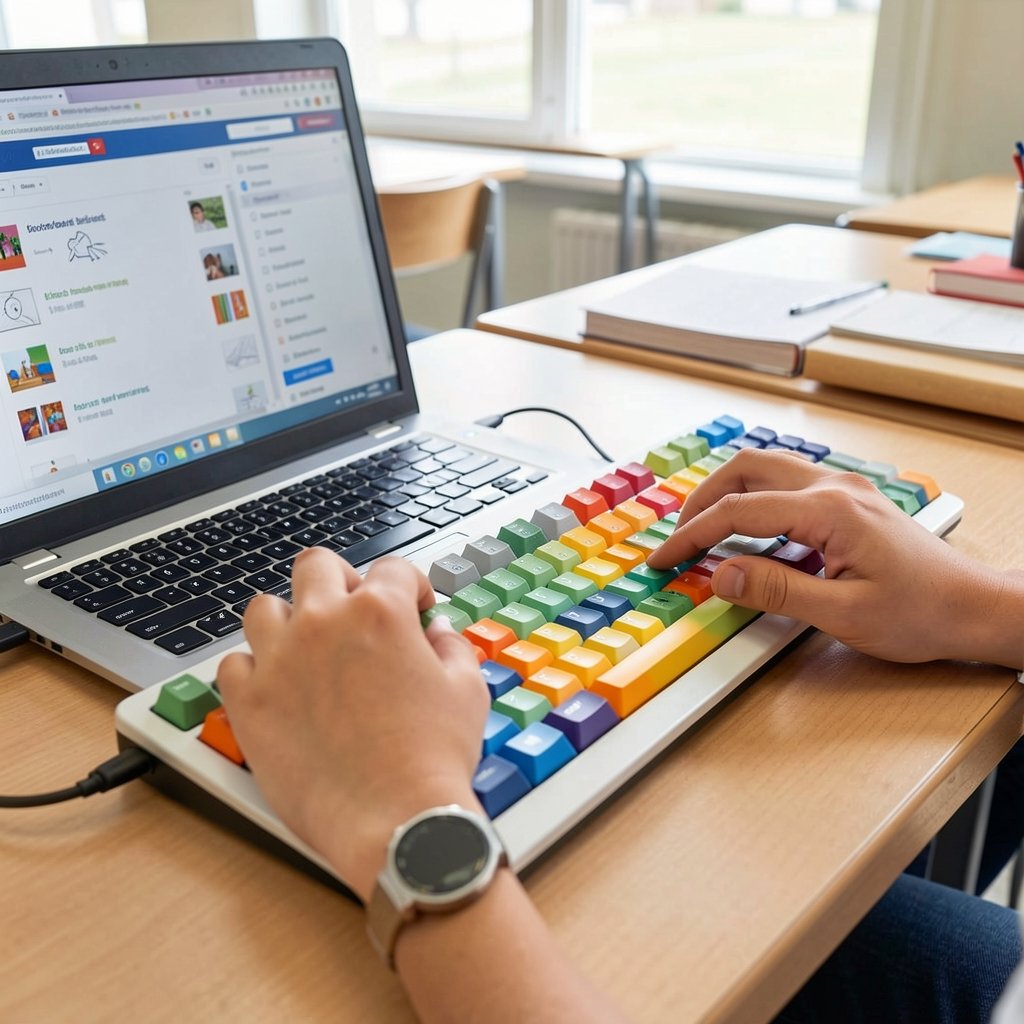 Mãos de um estudante utilizando um teclado adaptado com teclas coloridas e ampliadas para digitação acessível