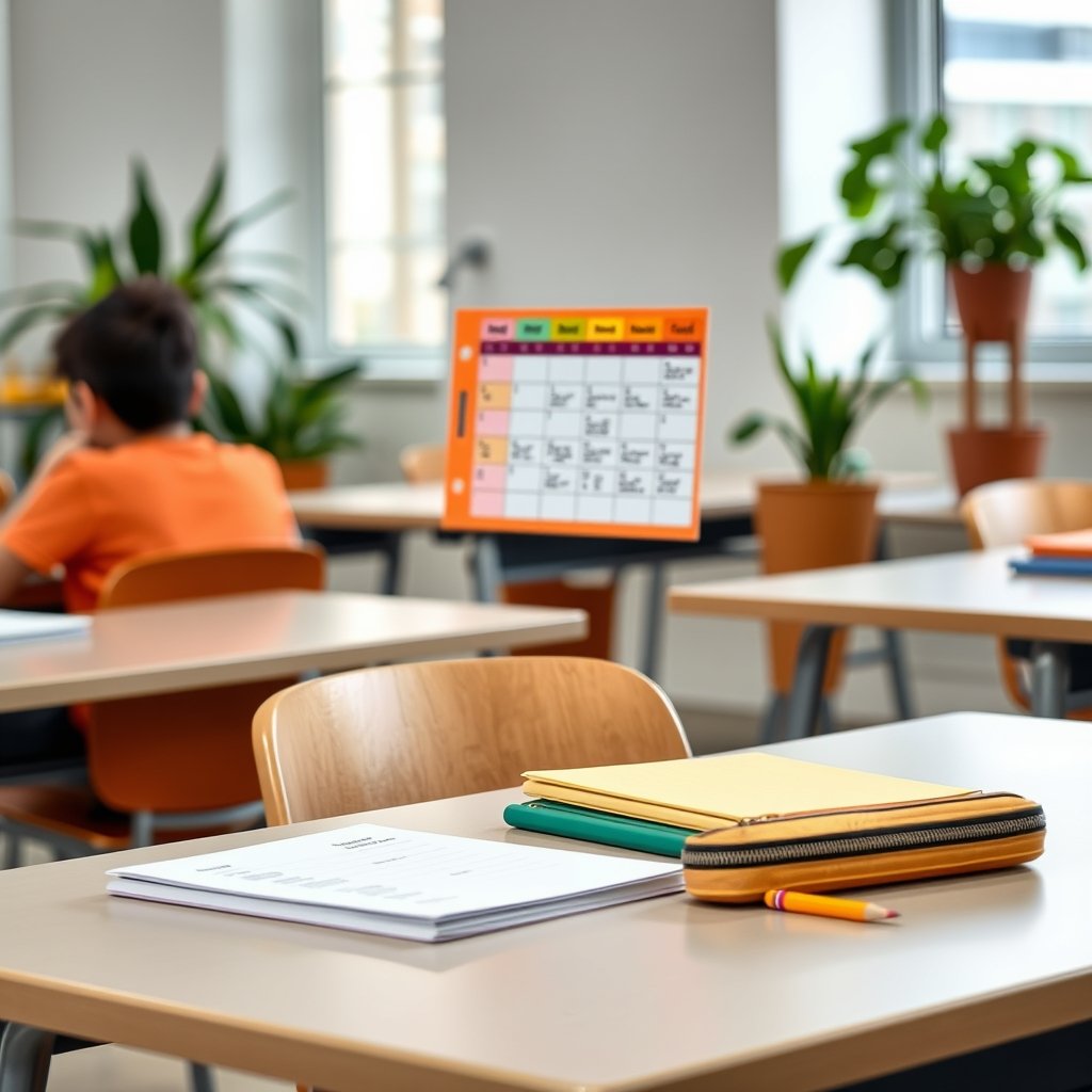Mesa escolar organizada com rotina visual e materiais separados por cor para facilitar a organização de alunos com TDAH.